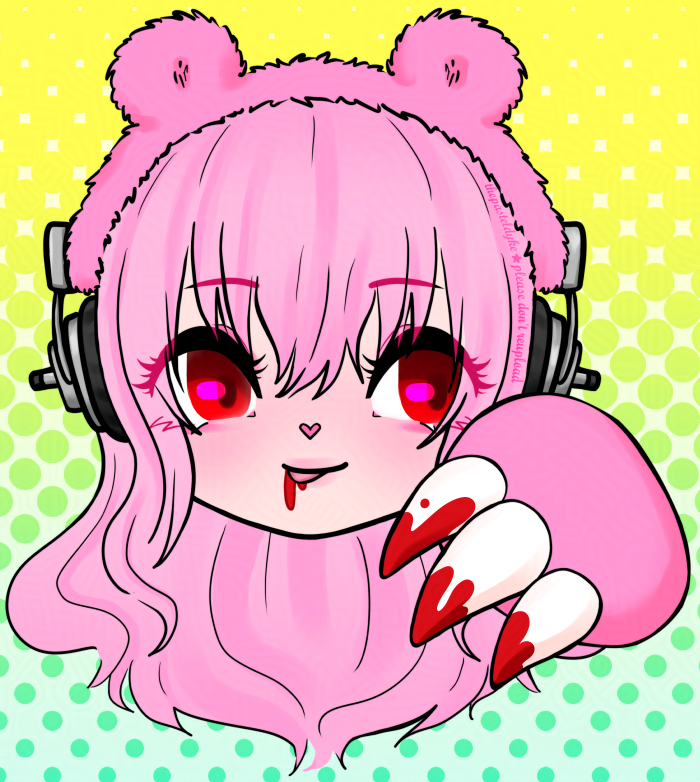 Chibi drawing of Sonico's head + a paw next to her face. The claws on the paw are bloody and there's blood dripping from the corner of her mouth. She's wearing fuzzy pink bear ears.